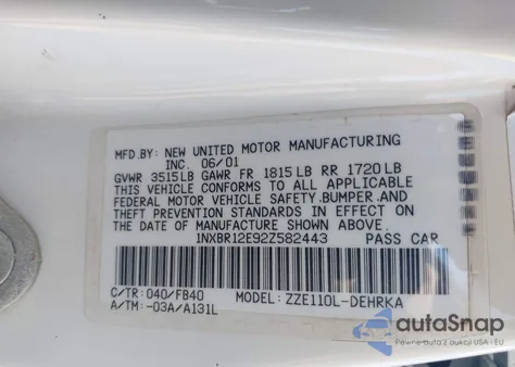 2002 Toyota Corolla Ce z USA, uszkodzony, nr VIN 1NXBR12E92Z582443